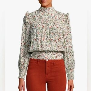 Frame Floral Print Smocked Silk Blouse, Size S
